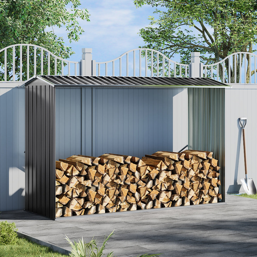 8x3ft Anthracite Steel Garden Storage Shed with Sloped Roof – Outdoor Log Storage Solution